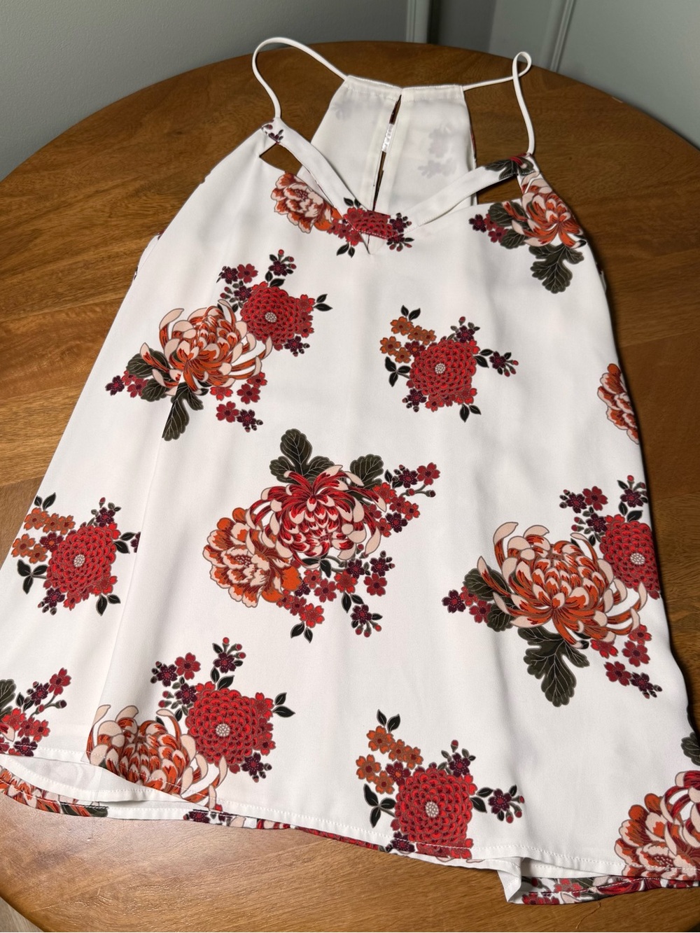 Express Floral Halter Tank Top — White with Red & Orange Blooms